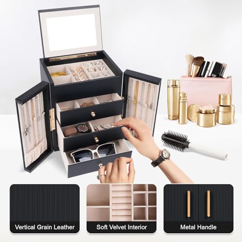 Dajasan Large Jewelry Box for Women, Jewelry Organizer Box with 3 Drawers, Jewelry Storage Organizer with Mirror for Necklace Ring Bracelet Watch, Gift Idea, 8.7 x 7.5 x 9.8 Inches (Black) - Image 4