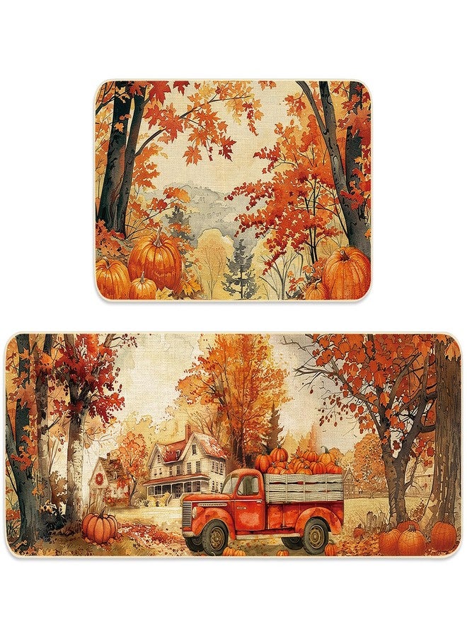 FYSUIMU Fall Kitchen Mats Fall Harvest Rugs Set of 2 Watercolor Autumn Maple Scene Pumpkin Truck Non-Slip Floor Mat Thanksgiving Aesthetic Decorative Bath Rugs for Home, 17 x 29 Inch & 17 x 47 Inch - Image 1