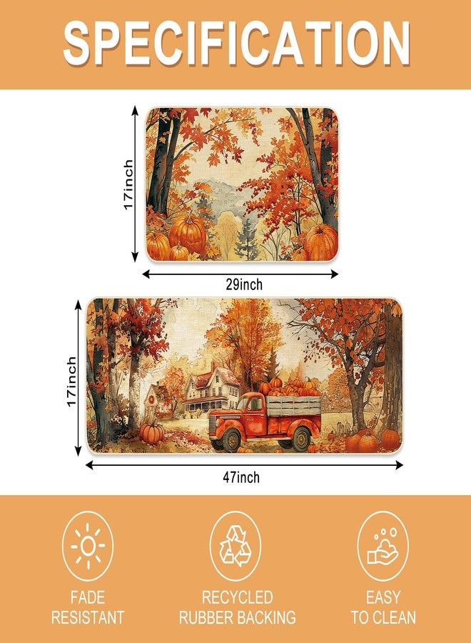FYSUIMU Fall Kitchen Mats Fall Harvest Rugs Set of 2 Watercolor Autumn Maple Scene Pumpkin Truck Non-Slip Floor Mat Thanksgiving Aesthetic Decorative Bath Rugs for Home, 17 x 29 Inch & 17 x 47 Inch - Image 2
