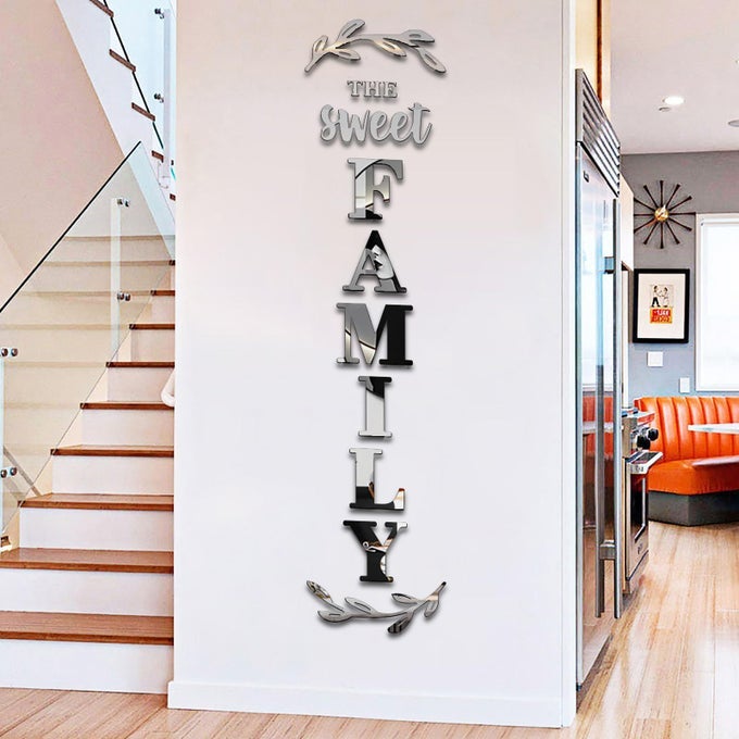 HOME WALL DECOR FAMILY LETTER SIGNS MIRRORS STICKERS FOR LIVING ROOM BEDROOM PEEL AND STICK DECALS SILVER 68 X 18 IN