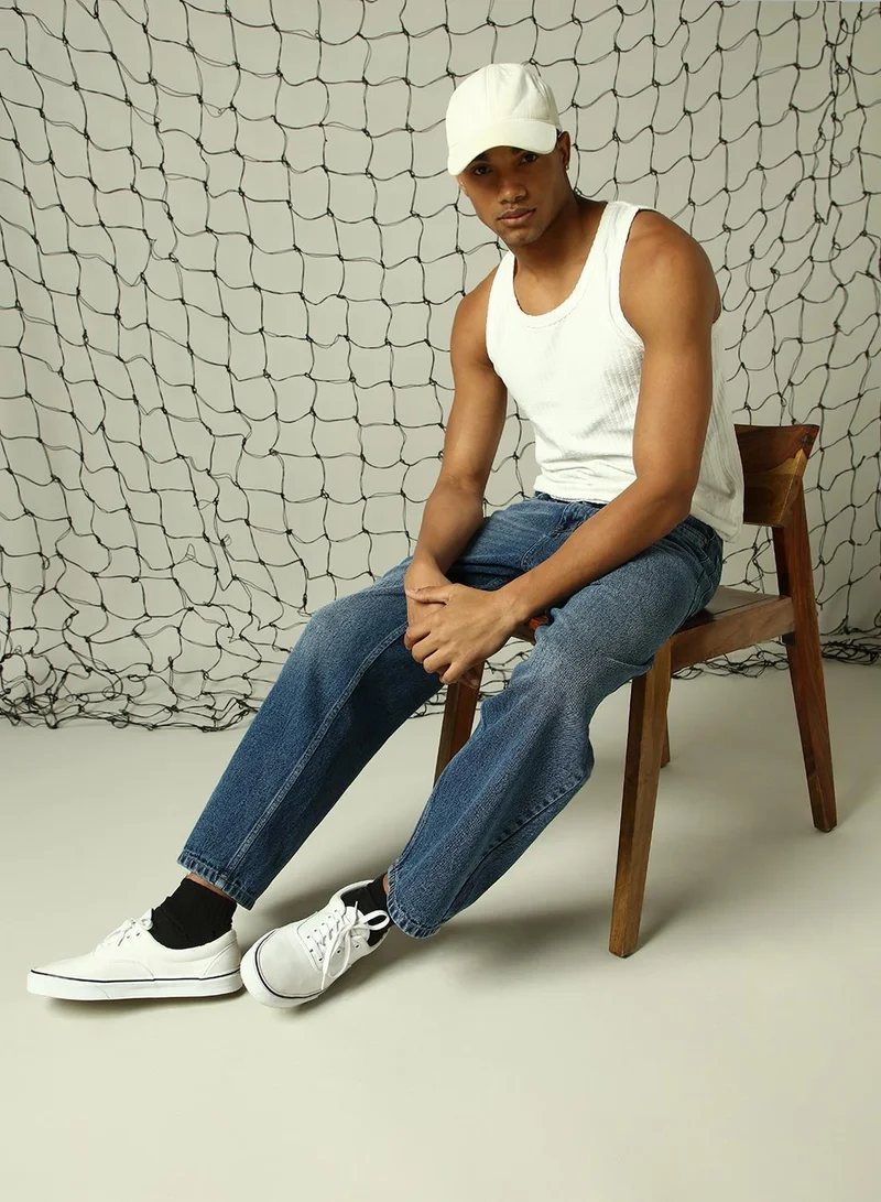 هوبرهولمي جينز رجالي قطن 1% أزرق داكن بقصة واسعة وطول كامل بتصميم مميز