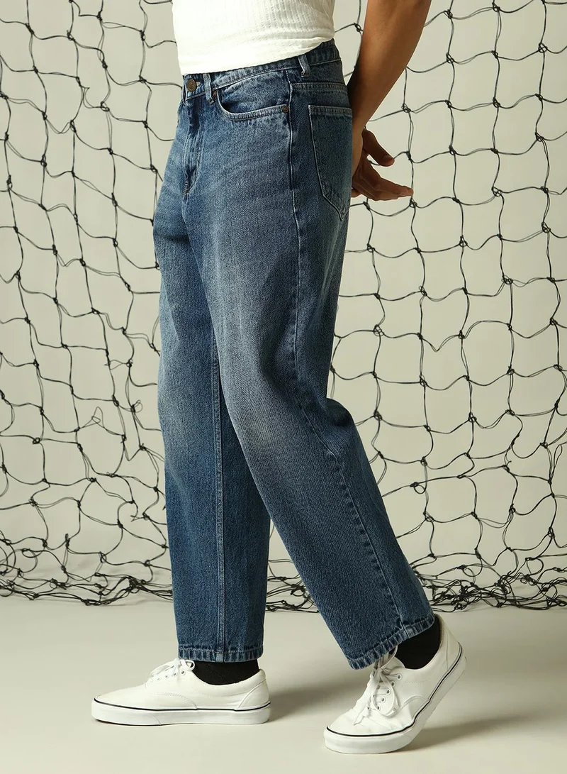 هوبرهولمي جينز رجالي قطن 1% أزرق داكن بقصة واسعة وطول كامل بتصميم مميز