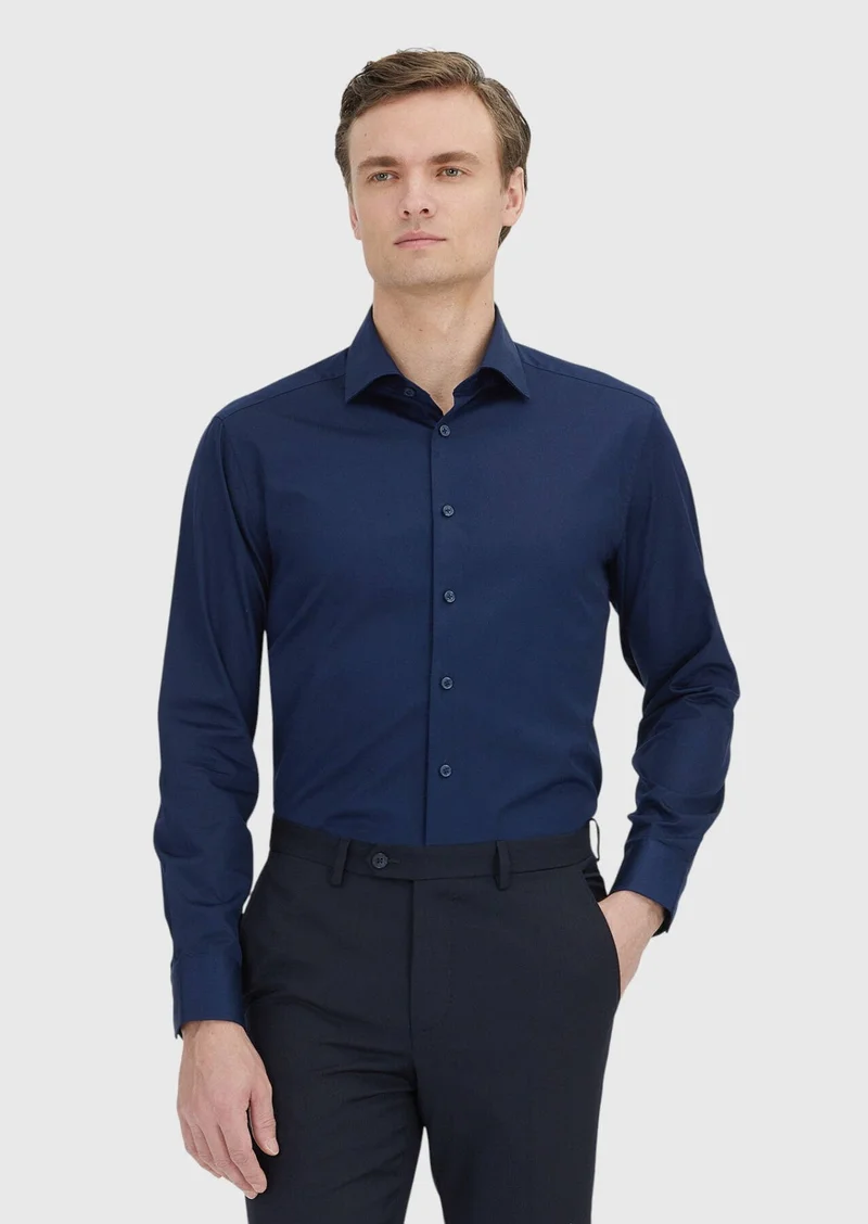 RAMSEY Navy Blue Plain Regular Fit Long Weaving Classical 100% Cotton Shirt