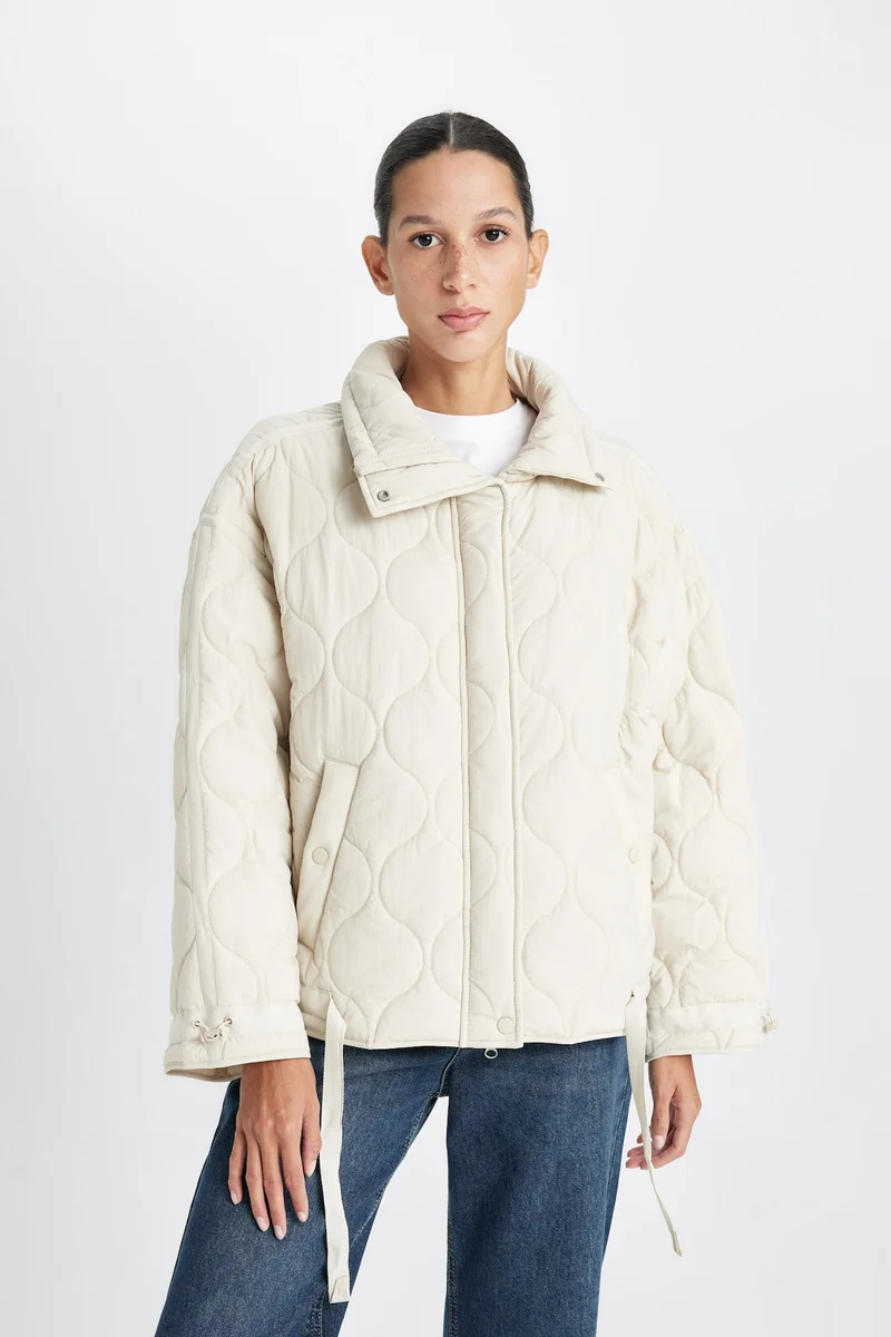 Polo Neck Quilted Zippered Pocketed Waterproof Thin Jacket