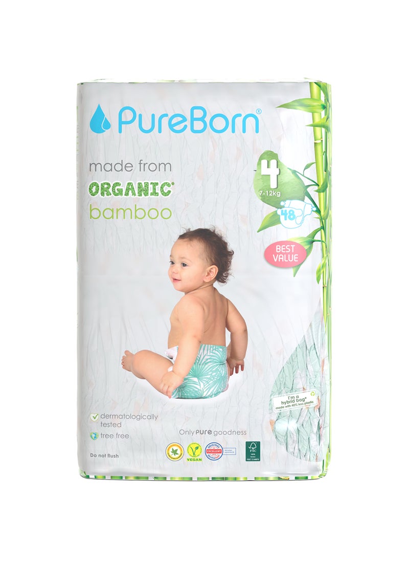 PureBorn Organic Bamboo Baby Diapers Size 4| Ultra-Soft, Eco-Friendly Tape Style Diapers Hypoallergenic nappies |7-12 Kgs| Count 48 | Assorted Print 48 Diapers - Image 1