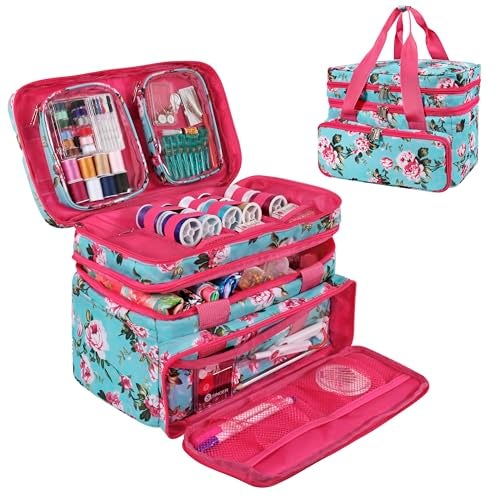 SINGER Sewing Accessories Organizer Bag Only Double Layer Portable Sewing Storage Bag 2 Detachable Pouches and 18 Compartments Large Sewing Supplies Crafting CarryAll Turquoise Floral - Image 1