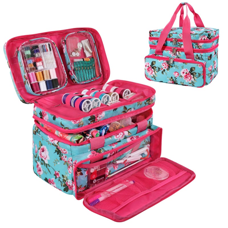 SINGER Sewing Accessories Organizer Bag Only Double Layer Portable Sewing Storage Bag 2 Detachable Pouches and 18 Compartments Large Sewing Supplies Crafting CarryAll Turquoise Floral - Image 2