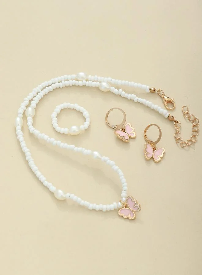 Take Two Girls White Butterfly and Pearl Beaded Necklace, Ring and Earrings Set