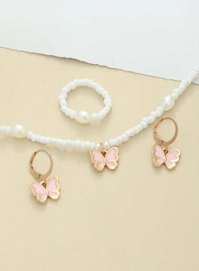 Take Two Girls White Butterfly and Pearl Beaded Necklace, Ring and Earrings Set
