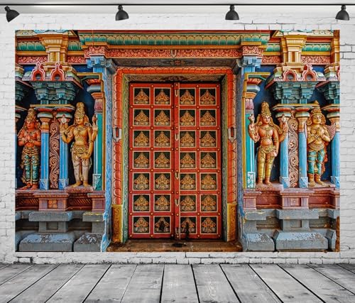 CORFOTO 5x3ft Fabric Colorful India Tanjore Temple Door Backdrop Old India Religion Building Photo Background for Indian Birthday Decorations Adults Photo Prop Indian Themed Party Decor - Image 1