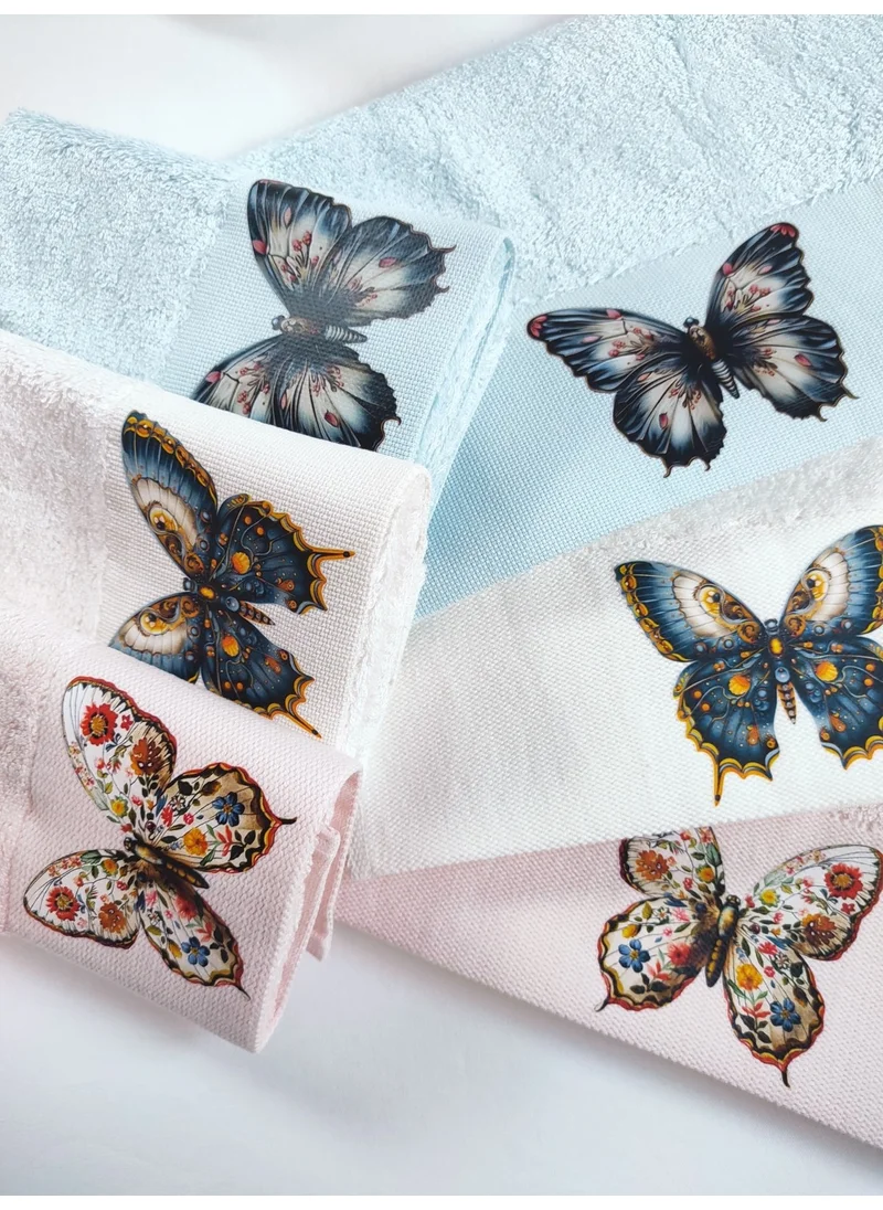 Sevim 3-Piece Digital Printed Kitchen Towel Set - Bamboo Hand Towel Set - Extra Soft - Mixed Color Butterfly Printed