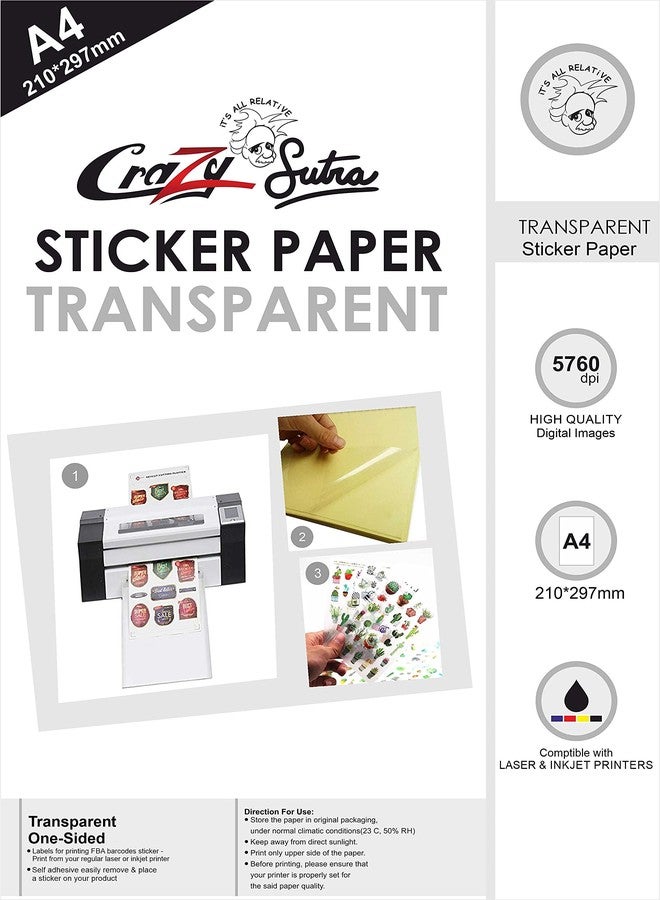 Crazy Sutra ورق لاصق ذاتي شفاف (PVC) من Crazy Sutra، 25 ورقة A4، مناسب لطابعات الحبر النفاث، يُستخدم في مشاريع التغليف المخصصة والزخرفية، كما أنه يتميز بالمتانة وطول العمر. - Image 1