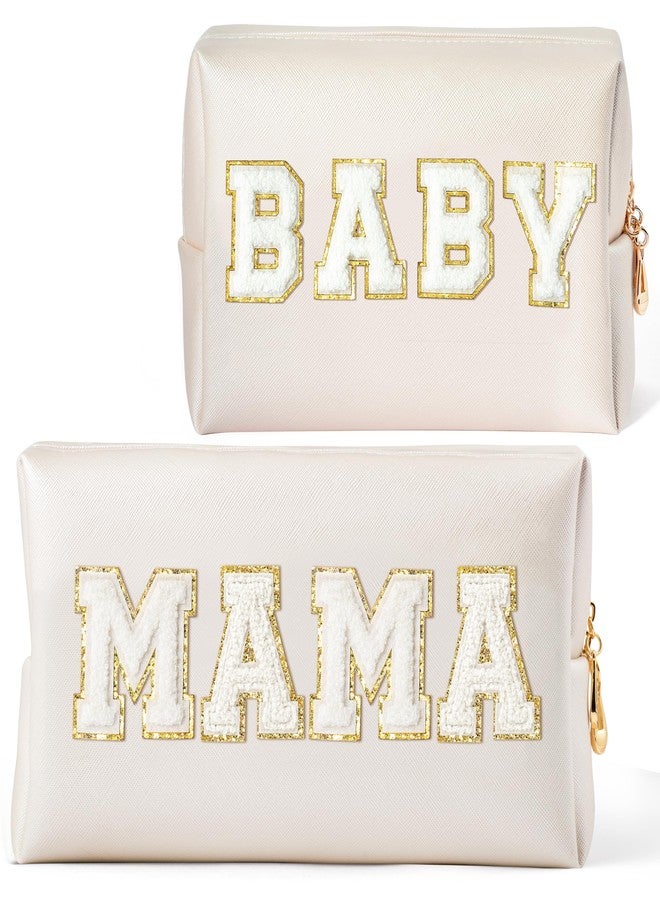 CY2SIDE MAMA Baby Letter Makeup Bag - 2PCS White MAMA and BABY Chenille Letter Patch Cosmetic Bag Pink PU Leather Patch Pouch Waterproof Portable Zipper Travel Organizer Case Xmas Gifts for Mom Women - Image 1