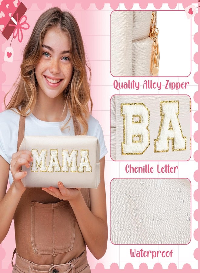 CY2SIDE MAMA Baby Letter Makeup Bag - 2PCS White MAMA and BABY Chenille Letter Patch Cosmetic Bag Pink PU Leather Patch Pouch Waterproof Portable Zipper Travel Organizer Case Xmas Gifts for Mom Women - Image 3