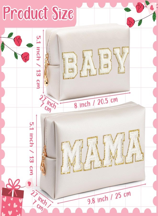 CY2SIDE MAMA Baby Letter Makeup Bag - 2PCS White MAMA and BABY Chenille Letter Patch Cosmetic Bag Pink PU Leather Patch Pouch Waterproof Portable Zipper Travel Organizer Case Xmas Gifts for Mom Women - Image 2