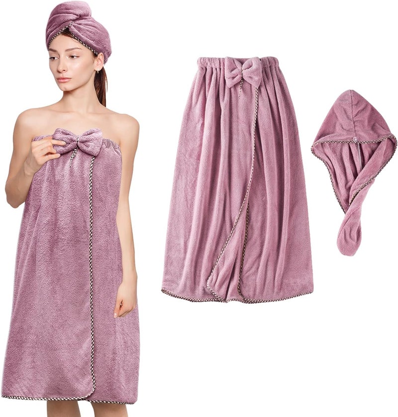 KOIKEY Women Microfiber Bath Towel Wrap - Adjustable Soft Body Wraps Dress with Hair Towel for Shower After Body and Head Cover, Super Absorbent to Quick Drying, Purple - Image 1