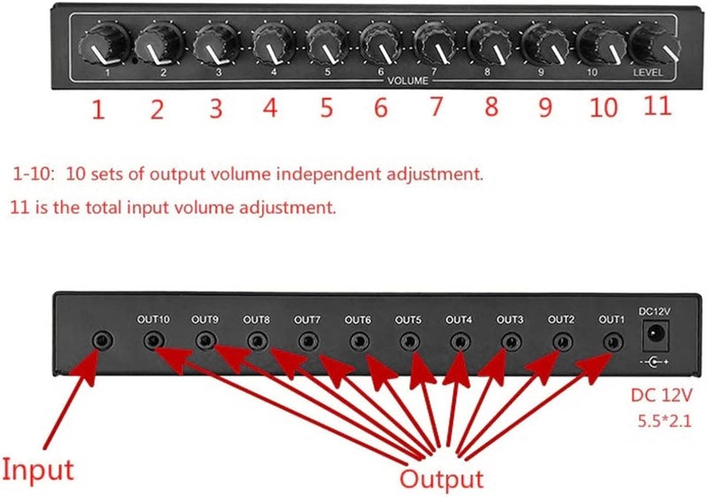 10 Channel Amplifier, Aluminum Alloy 1 in 10 Out Channel Stereo Distributor Headphone Amplifier, 10 Channel Headphone Amplifier for Studio Stage - Image 2