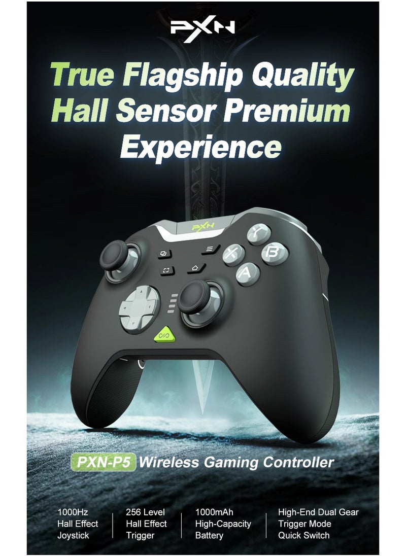 General - Classic Wireless Gamepad PXN P5 Bluetooth Gaming Controller 0 Deadzone One-Button Wake Up 1000Hz Hall Effect Joystick 256 Level Hall Effect Trigger 1000mAh Battery 6-Axis Gyroscope for Steam / Switch / PC / Android / iOS Black - Image 1