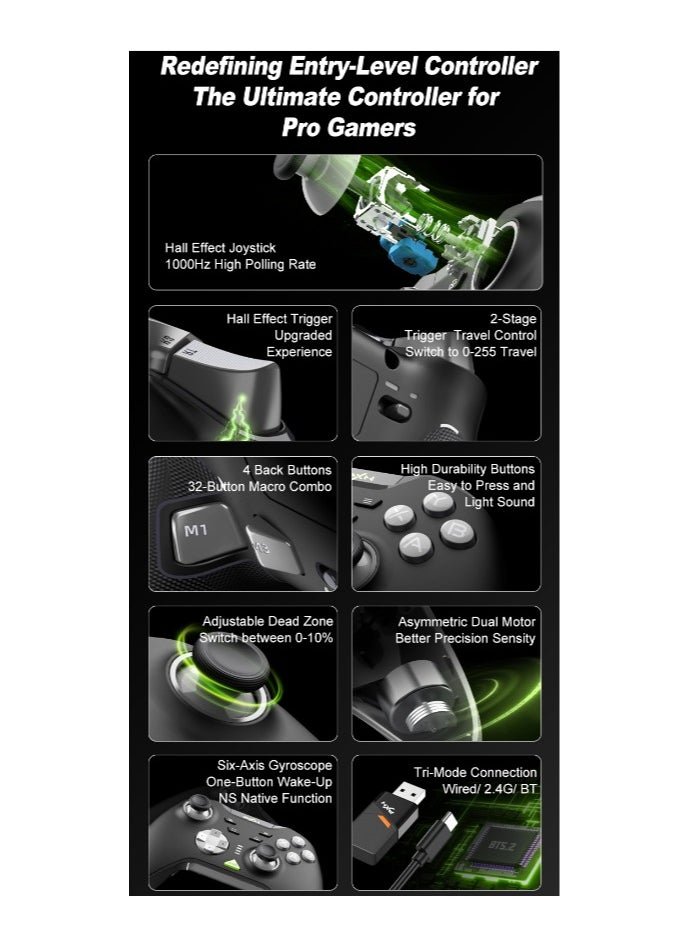 General - Classic Wireless Gamepad PXN P5 Bluetooth Gaming Controller 0 Deadzone One-Button Wake Up 1000Hz Hall Effect Joystick 256 Level Hall Effect Trigger 1000mAh Battery 6-Axis Gyroscope for Steam / Switch / PC / Android / iOS Black - Image 1