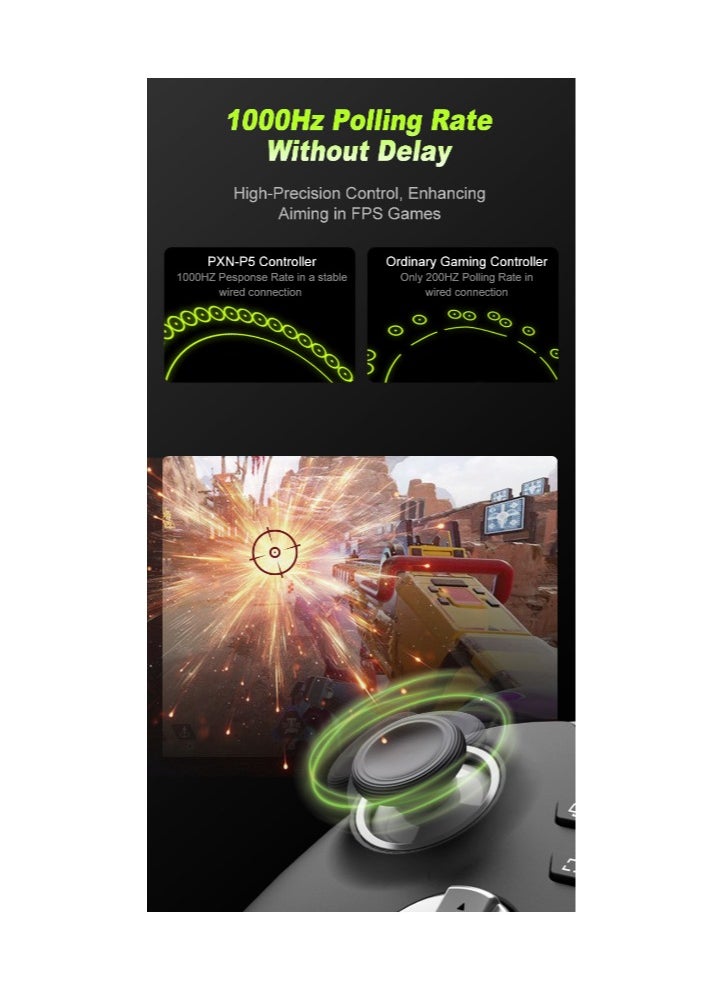 General - Classic Wireless Gamepad PXN P5 Bluetooth Gaming Controller 0 Deadzone One-Button Wake Up 1000Hz Hall Effect Joystick 256 Level Hall Effect Trigger 1000mAh Battery 6-Axis Gyroscope for Steam / Switch / PC / Android / iOS Black - Image 1