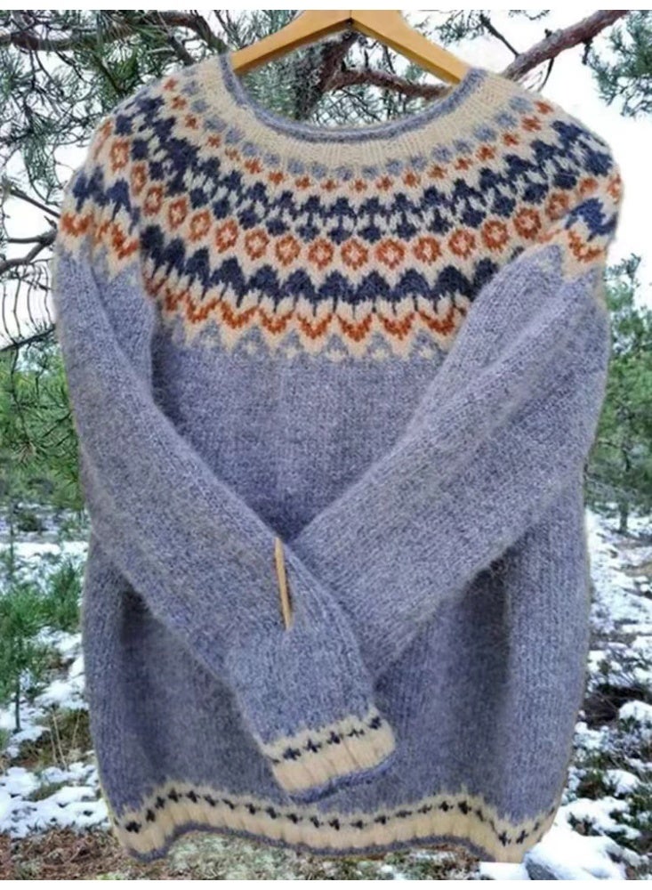 general Womens Fall Vintage Fair Isle Sweater Casual Loose Long Sleeve Crewneck Knitted Pullover Sweater Tops - Image 1