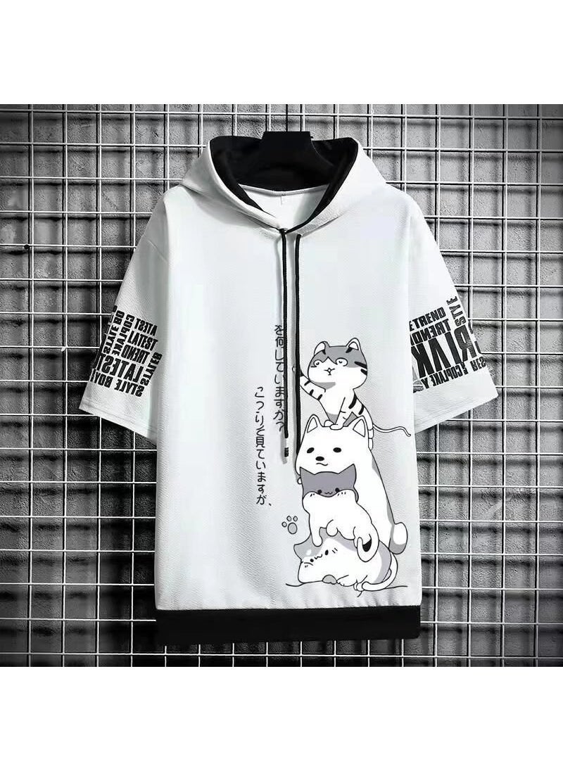 2022 Summer Mens Hooded Short Sleeve Sweatshirt Casual Solid Color Tee Black  - Image 2