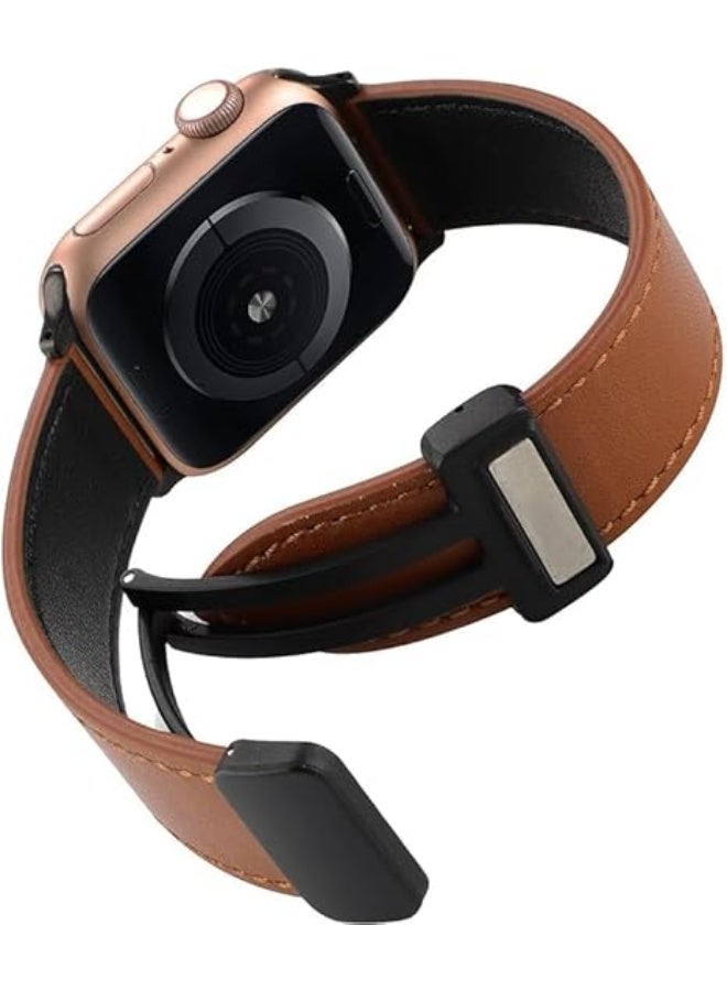 Magnetic Leather Band Compatible with Apple Watch Ultra/Ultra 2 49mm 45mm 44mm 42mm, Genuine Leather Magnetic Clasp Strap for iWatch Ultra SE 2 Series 8 7 6 5 4 3 2 1 for Men Women - Brown - Image 5