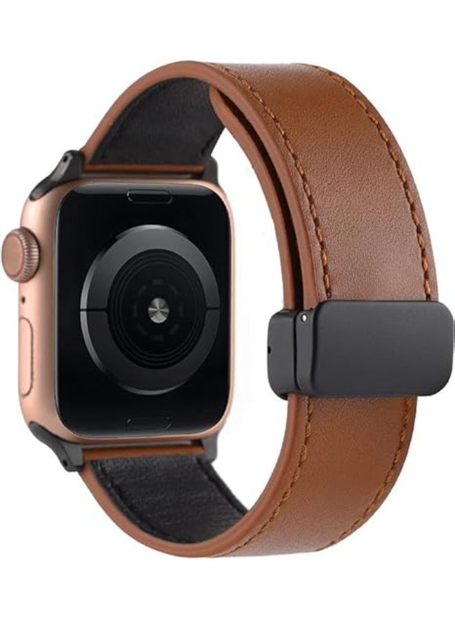 Magnetic Leather Band Compatible with Apple Watch Ultra/Ultra 2 49mm 45mm 44mm 42mm, Genuine Leather Magnetic Clasp Strap for iWatch Ultra SE 2 Series 8 7 6 5 4 3 2 1 for Men Women - Brown - Image 1