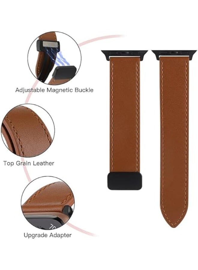 Magnetic Leather Band Compatible with Apple Watch Ultra/Ultra 2 49mm 45mm 44mm 42mm, Genuine Leather Magnetic Clasp Strap for iWatch Ultra SE 2 Series 8 7 6 5 4 3 2 1 for Men Women - Brown - Image 2