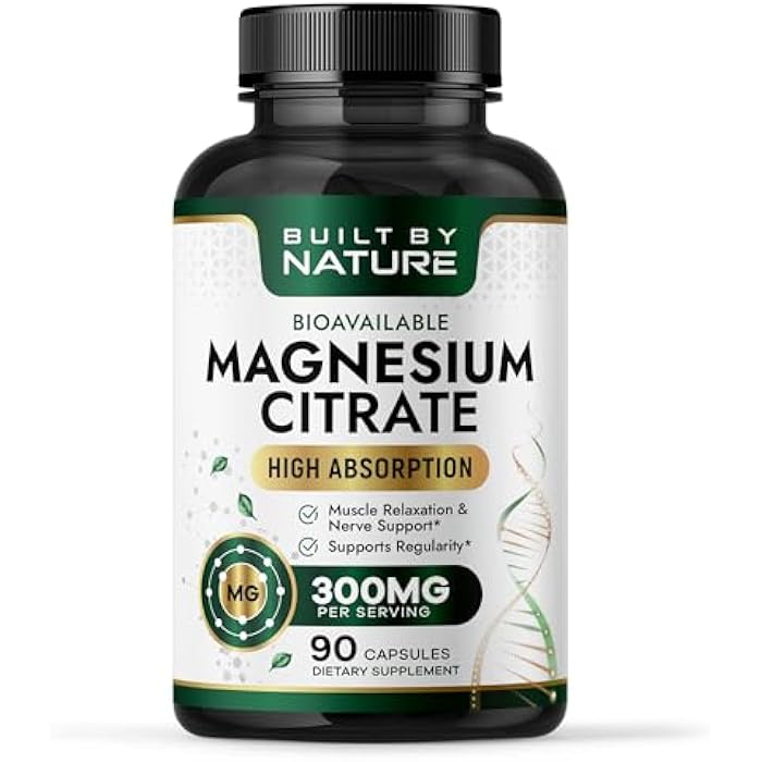 Built By Nature Magnesium Citrate 300mg – High Absorption Magnesium Supplement – Citrato de Magnesio Capsules for Constipation Relief, Heart & Muscle Support – 90 Capsules - Image 1