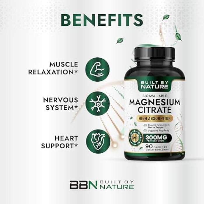 Built By Nature Magnesium Citrate 300mg – High Absorption Magnesium Supplement – Citrato de Magnesio Capsules for Constipation Relief, Heart & Muscle Support – 90 Capsules - Image 2