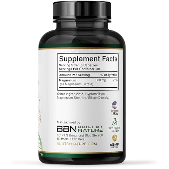 Built By Nature Magnesium Citrate 300mg – High Absorption Magnesium Supplement – Citrato de Magnesio Capsules for Constipation Relief, Heart & Muscle Support – 90 Capsules - Image 5