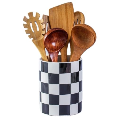 YOSCO Kitchen Utensil Holder, 6.3 Inch Checkered Ceramic Cooking Utensil Holder Modern Utensil Crocks for Kitchen Counter-Farmhouse, Housewarming Gift, Decor and Accessories (Black, 6.3 Inch) - Image 1