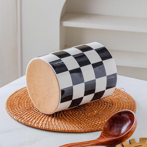 YOSCO Kitchen Utensil Holder, 6.3 Inch Checkered Ceramic Cooking Utensil Holder Modern Utensil Crocks for Kitchen Counter-Farmhouse, Housewarming Gift, Decor and Accessories (Black, 6.3 Inch) - Image 3