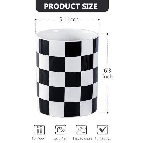 YOSCO Kitchen Utensil Holder, 6.3 Inch Checkered Ceramic Cooking Utensil Holder Modern Utensil Crocks for Kitchen Counter-Farmhouse, Housewarming Gift, Decor and Accessories (Black, 6.3 Inch) - Image 5