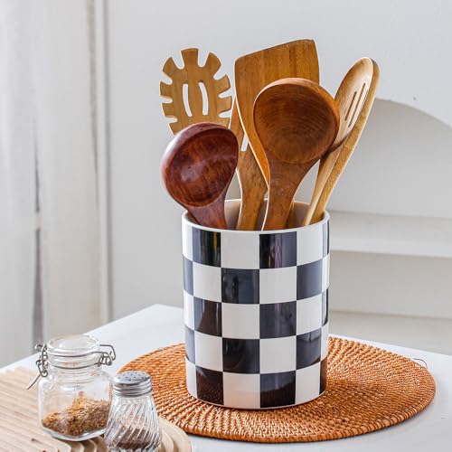 YOSCO Kitchen Utensil Holder, 6.3 Inch Checkered Ceramic Cooking Utensil Holder Modern Utensil Crocks for Kitchen Counter-Farmhouse, Housewarming Gift, Decor and Accessories (Black, 6.3 Inch) - Image 2