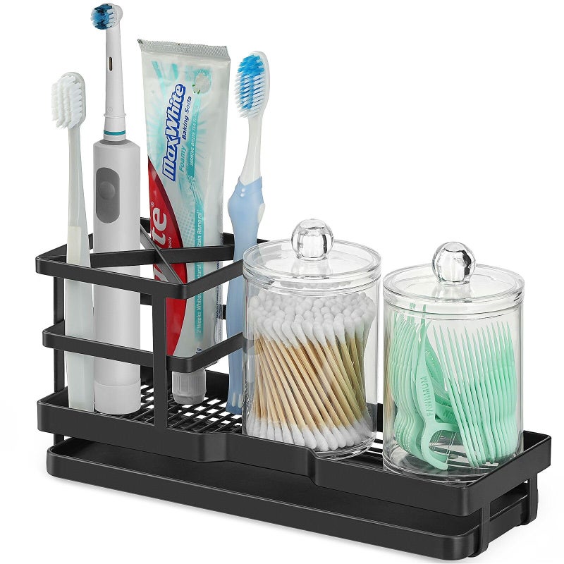 MYITYARD Toothbrush Holders for Bathrooms Cotton Swabs Cups Dispenser Set Metal Electric Tooth Brushing Toothpaste Countertop Organizer with Drainage for Shower Sink Black - Image 2