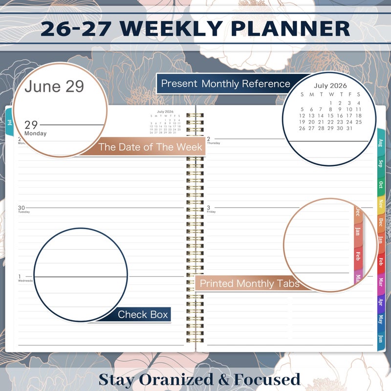 Pinchoco Planner 2026-2027 - Academic Planner 2026-2027, Jul.2026 - Jun.2027, 9" x 11", 2026-27 Calendar Planner, Weekly and Monthly with Colorful Tabs, Strong Twin-wire, Back Pocket - Engraved Floral - Image 4