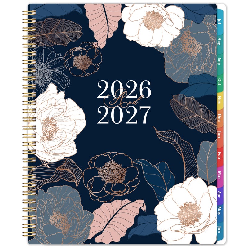 Pinchoco Planner 2026-2027 - Academic Planner 2026-2027, Jul.2026 - Jun.2027, 9" x 11", 2026-27 Calendar Planner, Weekly and Monthly with Colorful Tabs, Strong Twin-wire, Back Pocket - Engraved Floral - Image 1