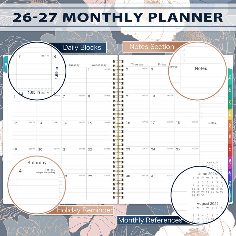 Pinchoco Planner 2026-2027 - Academic Planner 2026-2027, Jul.2026 - Jun.2027, 9" x 11", 2026-27 Calendar Planner, Weekly and Monthly with Colorful Tabs, Strong Twin-wire, Back Pocket - Engraved Floral - Image 3