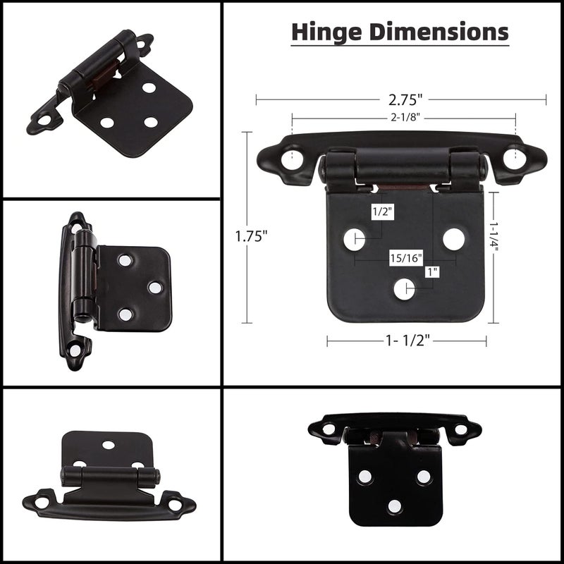 Decobasics 1/2"" Overlay Matte Black Cabinet Hinges (30 Pair -60 Pcs) Self Closing Bath & Kitchen Cabinet Hinges Black Flush Mount W/Door Bumpers & Upgraded Screws - Image 4