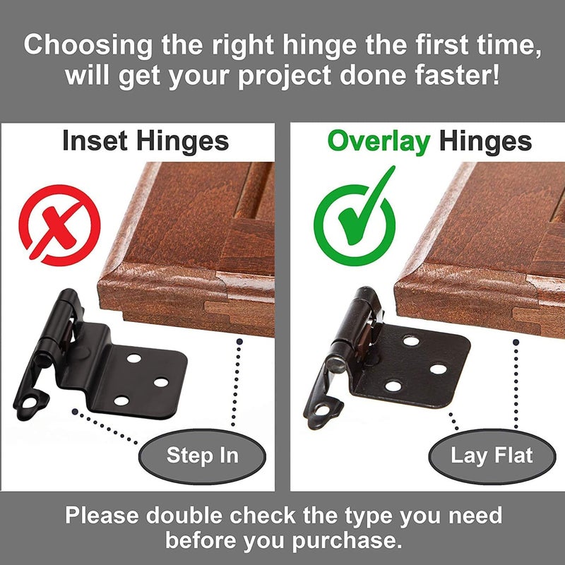 Decobasics 1/2"" Overlay Matte Black Cabinet Hinges (30 Pair -60 Pcs) Self Closing Bath & Kitchen Cabinet Hinges Black Flush Mount W/Door Bumpers & Upgraded Screws - Image 2
