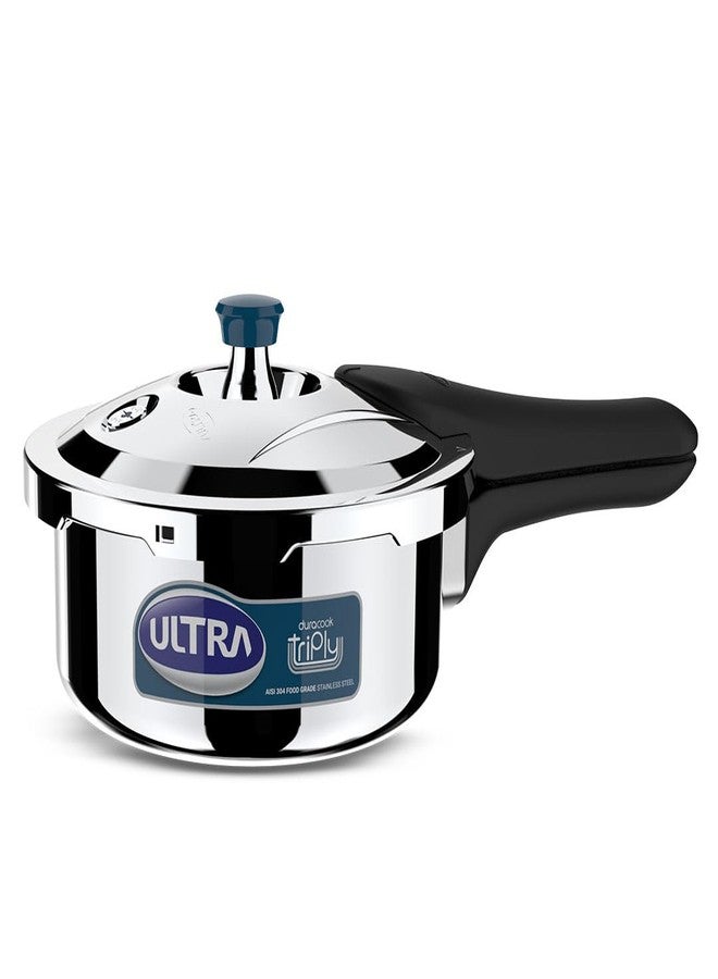 Ultra Duracook Triply Pressure Cooker 2 Litre | AISI 304 Food Grade Stainless Steel Cooker | 5 Years Warranty | Injection Moulded Handles | Induction Compatible | 1.2 MM Lid Thickness | SCTS Base