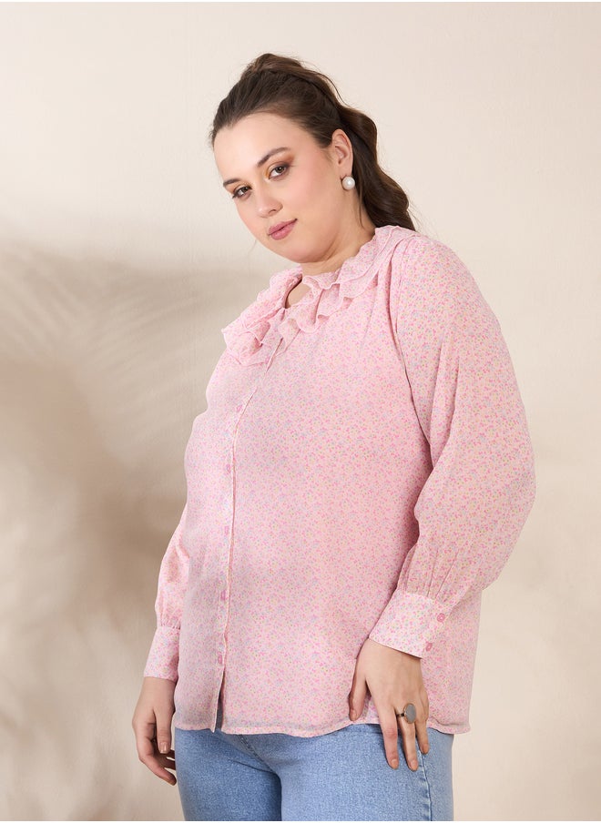 SASSAFRAS Plus Size Pink Floral Print Long Sleeve Regular Fit Shirt  - Image 3
