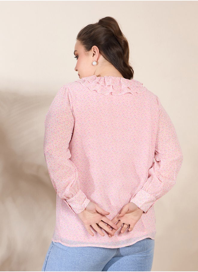 SASSAFRAS Plus Size Pink Floral Print Long Sleeve Regular Fit Shirt  - Image 5