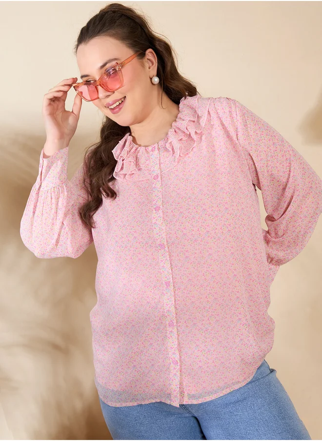 ساسافراس Plus Size Pink Floral Print Long Sleeve Regular Fit Shirt
