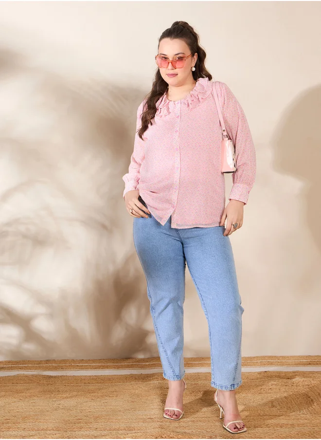ساسافراس Plus Size Pink Floral Print Long Sleeve Regular Fit Shirt