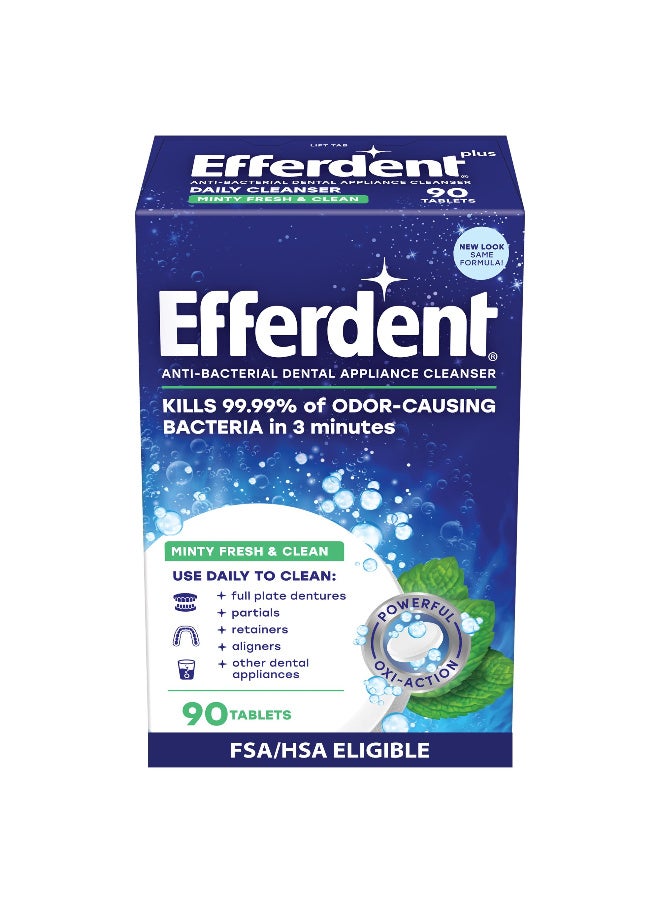 Efferdent Retainer and Denture Cleaning Tablets for Dental Appliances, Fresh & Clean, Minty Fresh, 90 Count - Image 1