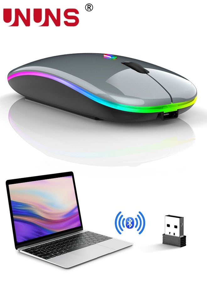 UNUNS - Wireless Bluetooth Mouse,LED Rechargeable USB Optical Mouse,Slim Silent Dual Mode BT5.2/2.4G Computer Mice,Quick Precise Responsiveness Control Laptop/PC/Mac OS/Android/Windows,Grey - Image 1