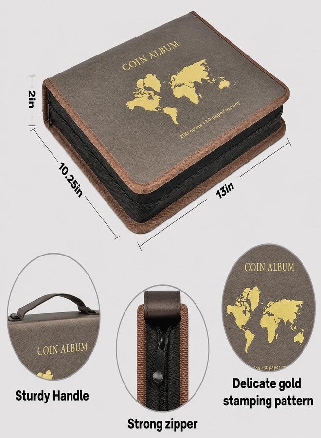 ANKHOH Coin Collection Book Holder for Collectors, 200 Pockets Collecting Album& 30 Sleeves Paper Money Display Storage for Currency Collection Supplies (200 coins+30 paper money binder) (Brown, Large Map) - Image 4